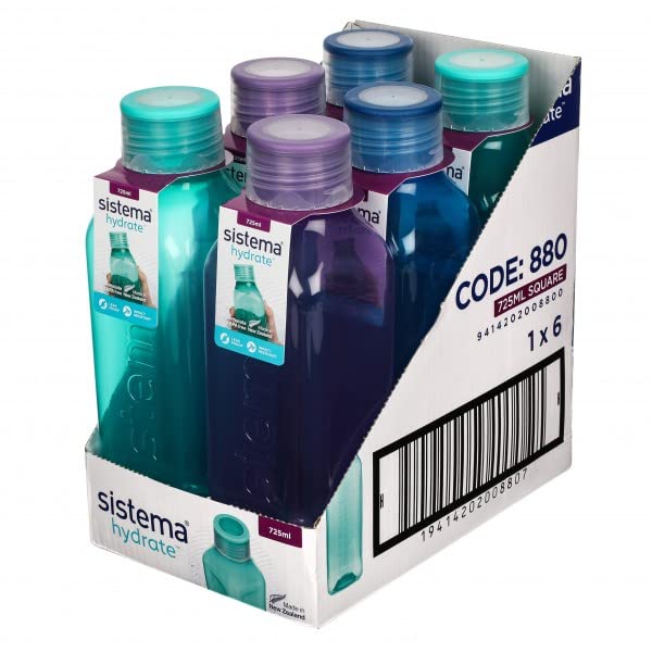 Sistema 6 Stück 880 Hydate Square Bottle, 725ml - Mint/Blau/Lila