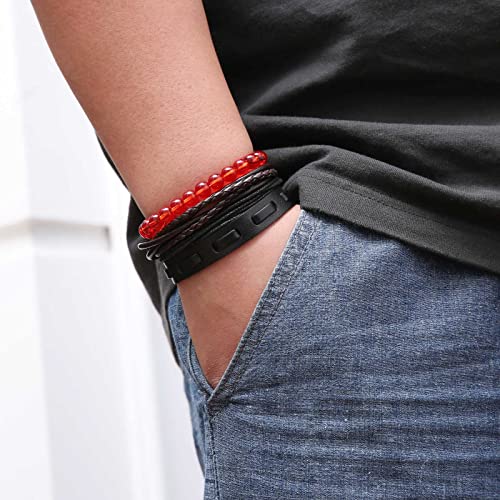Hzman SZ23-0522-02A Leather Bracelet For Men Women Adjustable Handmade Braided Rope Multilayer Wrap Red Onyx Stone Charm Cuff Bracelet Jewelry Gift thumb #4