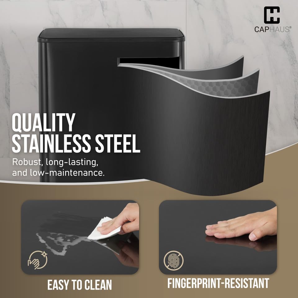 Miniatura 5 de CAPHAUS Bote de basura doble negro con una sola tapa, combo de contenedores de basura y reciclaje, cubo de basura de acero inoxidable manos libres
