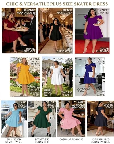 Image of IyMoo Women's Plus Size Cape Flutter Sleeve Stretchy A Line Swing Flared Skater Cocktail Party Dress with Pockets