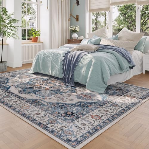 Rugcomf Vintage Medallion Living Room Rug 5'x7' - Machine Washable Area Rug, Non-Slip Low Pile Boho Carpet for Bedroom, Dining Room, Farmhouse, Office, Kids Playroom - Blue Rugcomf Vintage Medallion Living Room Rug 5'x7' - Machine Washable Area Rug, Non-Slip Low Pile Boho Carpet for Bedroom, Dining Room, Farmhouse, Office, Kids Playroom - Blue