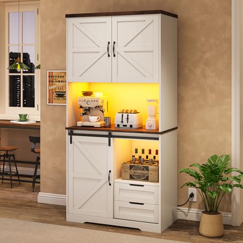 UPOSOJA Farmhouse Kitchen Pantry Storage Cabinet with Drawers & Shelves, Freestanding Hutch and Adjustable Shelves, Versatile Storage for Kitchen, Dining Room, Living Room (Old White)
