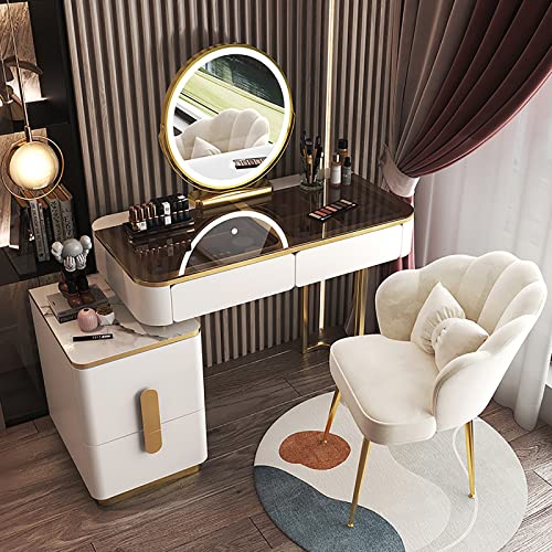 Escritorio de maquillaje iluminado con luces LED de 3 colores, juego de mesa de tocador con espejo y armario lateral, estación de maquillaje perfecta para mujeres y niñas, elegante tocador