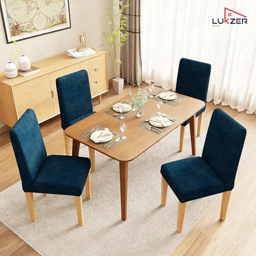 Image of Lukzer Elastic Dining Chair Cover - 1PC Pastel Marine Blue Tangled Lines | Textured High Stretch Jacquard Seat Cover | Removable Washable Short Dining Chair Cover Protector Seat Slipcover | CC-124-01
