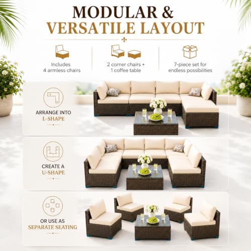 Image of 7 Piece Outdoor Sectional Outdoor Patio Furniture Set, Outdoor Patio Furniture Set with Coffee Table, Sectional Couch Sofa with Cushions, Wicker Outdoor Conversation Set for Backyard & Garden, Brown