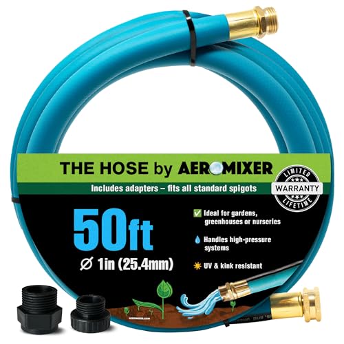 Aeromixer THE HOSE - 1 Inch Garden Hose 50 Ft with Adapter Set for 3/4 Spigots Kinkless Commercial Garden Hoses Heavy Duty Industrial Water Hoses for Outdoors 650 PSI High-Pressure Watering Tool