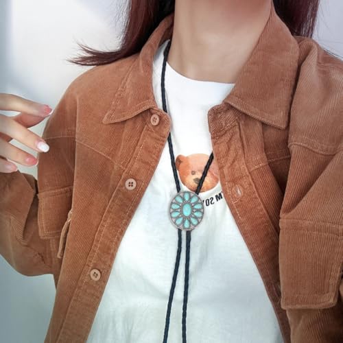Image of AZORA Western Cowboy Bolo Tie Men Leather Necktie Leather Cord Turquoise Stone Bolo Ties for Men Women