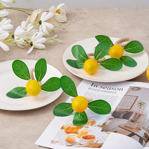 APTWOW Spring Lemon Napkin Rings Set of 6 - Faux Yellow Lemon and Green Leaf Napkin Holder, Farmhouse Napkin Rings for Easter Wedding Birthday Party Banquet Summer Table Decor