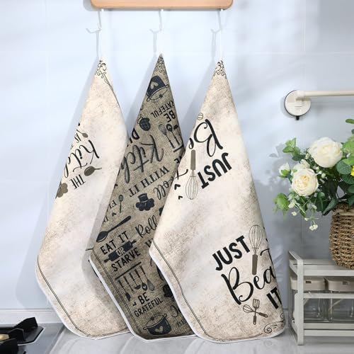 Image of Bencailor 6 Pcs Simple Words Kitchen Towels Decorative Sets Dish Towels Absorbent Fast Drying Hand Tea Vintage Hanging Reusable Cleaning Dishcloths for Cooking Farmhouse Bathroom Accessory