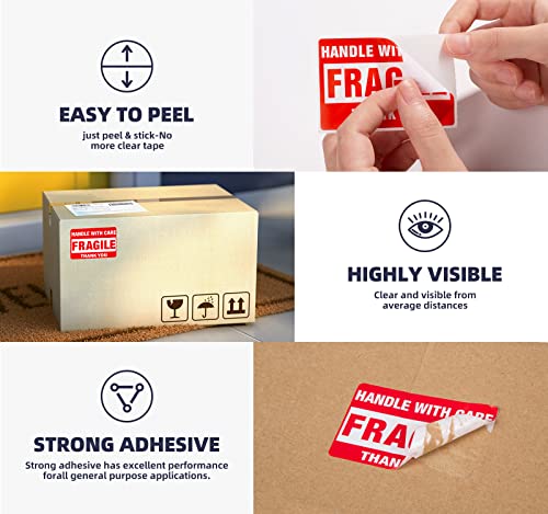 Image of 3 x 2 Inch Handle with Care 500 Fragile Stickers for Shipping Moving Glass Permanent Adhesive Commercial Grade Fragile Labels (1 Roll, 500 Labels)