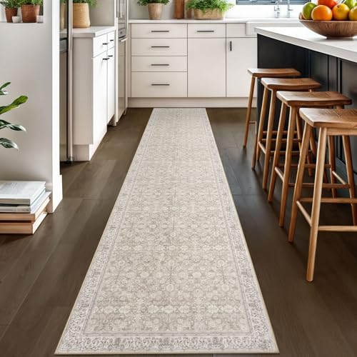 2x10 Cream Beige White Grey Washable Runner Rug for Kitchen, Soft Classic Runner with Non-Slip, Non-Shedding Distressed Floral Rug for Hallways Entryway Bedroom Laundry Indoor