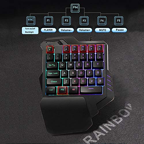 UrChoiceLtd Tastiera da Gioco USB a Una Mano G30, 35 Tasti cablati con retroilluminazione a LED Arcobaleno, Mini Tastiera da Gioco Portatile a Una Mano, Design ergonomico con poggiapolsi (Nero) (G30)