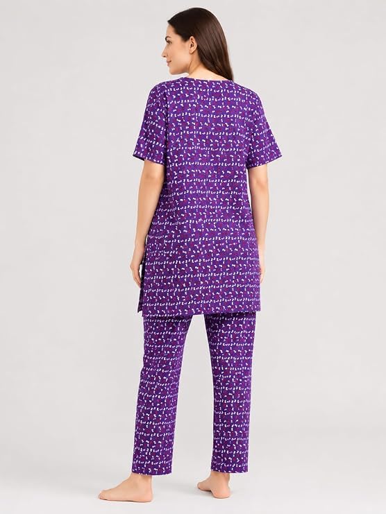 Image of KIAWAH Women Printed Night Suit Set, Cotton Blend Night Suit, A-Line Top and Pajama Set, Soft and Breathable Night Wear