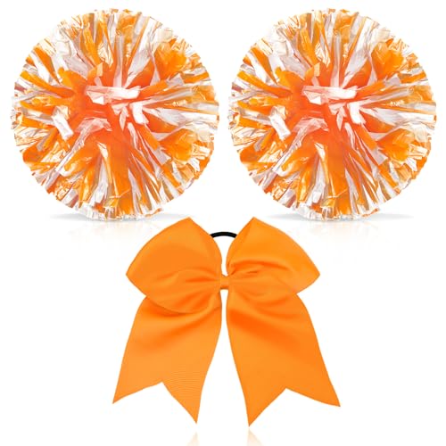 Hanaive 3 Pcs Cheerleading Pom Poms and Large Cheerleader Hair Bow Metallic Cheer supplies for Team Spirit Sports Dance Cheering(Orange Mixed White Matte)
