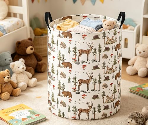 Image of Baby Laundry Basket Baby Nursery Hamper Kids Laundry Basket Toy Storage Bin for Boys Room Decor Gift Baskets for Bedroom Bathroom(Woodland Animal)