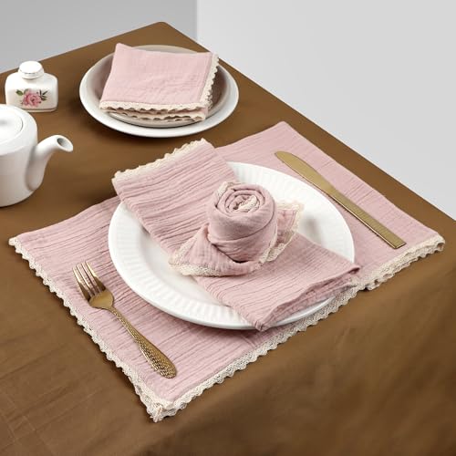 Image of FINGERCRAFT Cloth Napkins Set of 8, 20x20 Inch, Soft Cotton Muslin Dinner Napkins with Lace Edge, Reusable Washable Table Napkins for Wedding, Party, Dining & Home Decor (Peach Wipe)