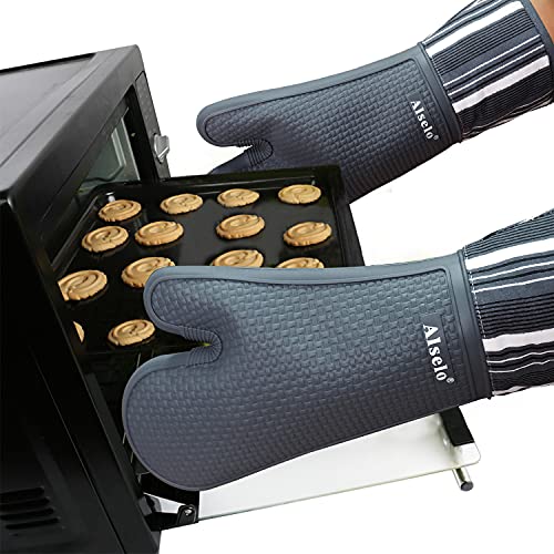 Alselo Silicone Oven Mitts Heat Resistant 550 Degree Extra Long Kitchen Gloves Pot Holders With Waterproof And Non-Silp For Baking Cooking Barbecue Microwave Machine Washable (Extra Long Grey, 2) #TOP3