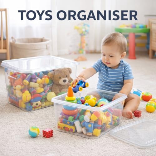 Image of Plastic Storage Box with Lid - Large Stackable Organizer Storage Box for Clothes, Toys, Kitchen - Big Size Plastic Storage Container Basket for Home, Office, Bathroom(Large,1pc,Transparent)