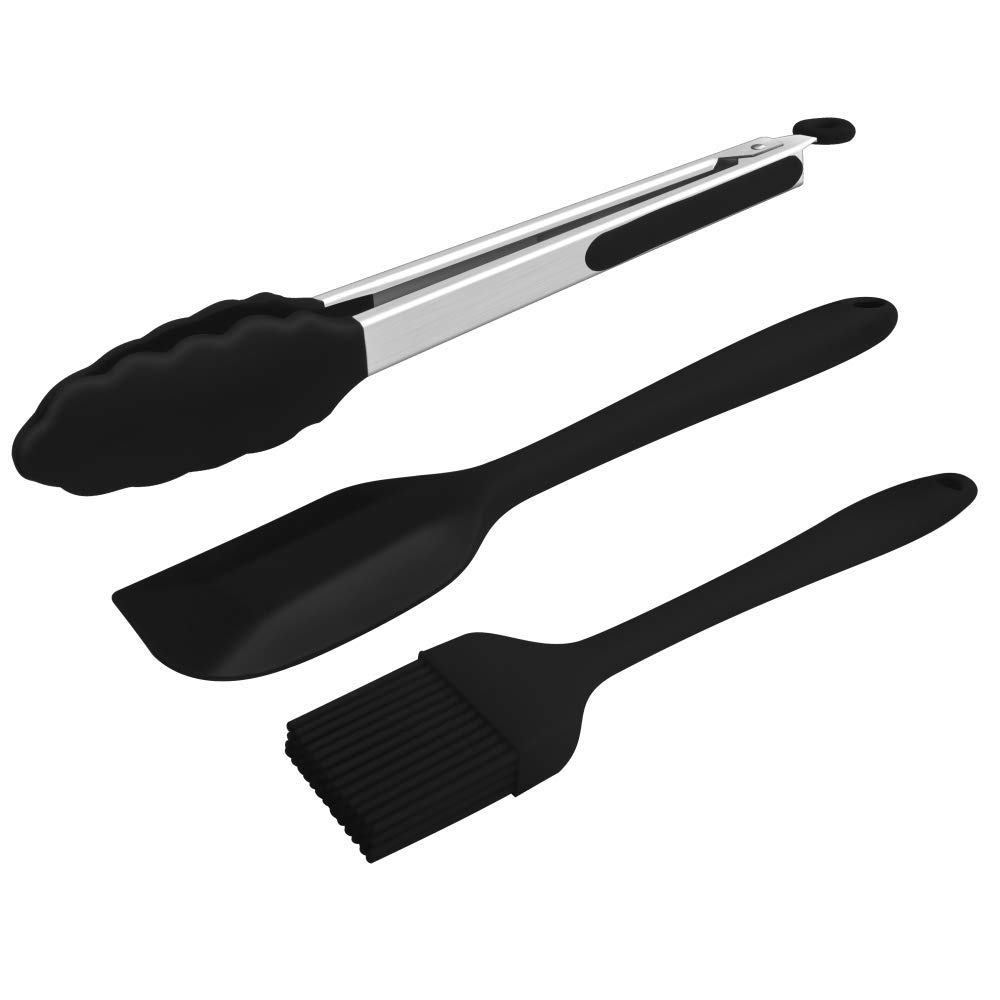 MarMmy Food Tongs Stainless Steel Silicone Spatula Brush BBQ Grill Baking Cooking Turners Heavy Duty Non Stick Heat Resistant (Up to 600°F) & BPA Free Black, 3 Pack