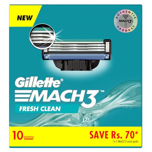 Image of Gillette Men Mach 3 Shaving Blades- Pack of 10 (Cartridges) & New Blade Razor - 1 Count