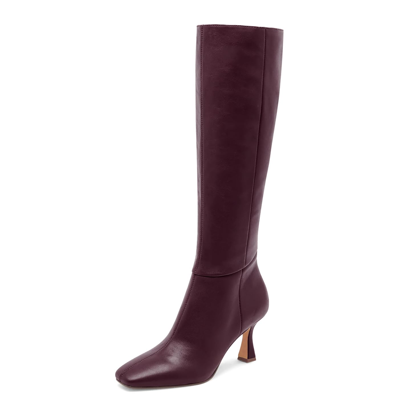 Dsevht Black Leather Knee High Boots for Women Stiletto Kitten Heeled Sexy Boots Square Toe and Side Zipper