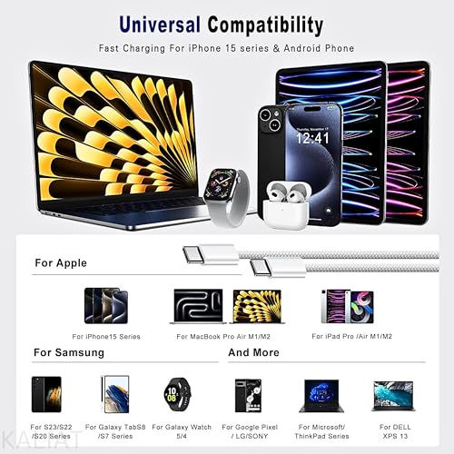 Image of Usb Type C to Type C Cable Fast Charging Nylon Braided C Pin Charger Cable Original for iPhone 15 /15 Pro max /15 Plus, Samsung Galaxy, iPad, MacBook Tough and Durable 60W PD & High-Speed White