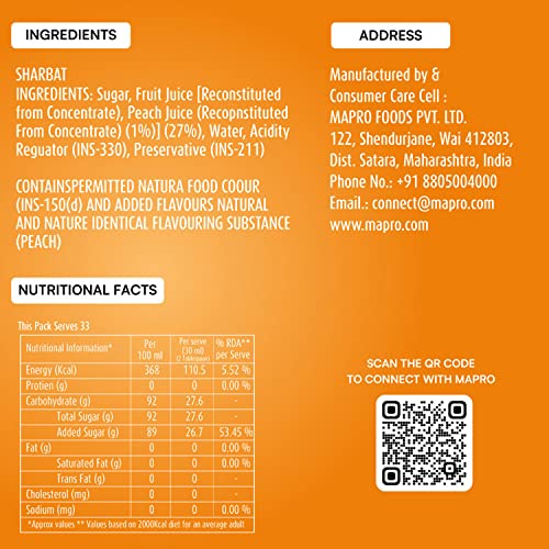 Image of Mapro Lounge Peach Cocktail Mixer Mocktail Fruit Syrup - 1L |Contains Real Fruit Juice| Gluten Free| Zero Cholestrol (Pack of 3)