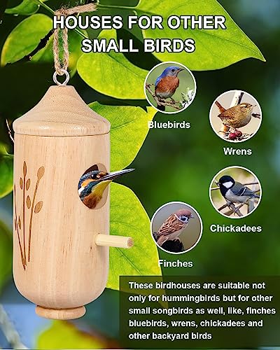 Gioyonil Hummingbird House, 3 Pack Natural Small Wooden Hanging Humming Bird Houses For Outside Nesting, Home Outdoor Garden Gift Window Bird Nest With Hemp Ropes #TOP3