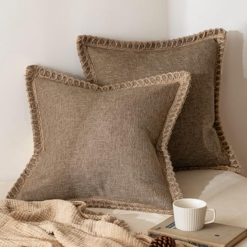 MIULEE Set of 2 Rustic Linen Burlap Throw Pillow Covers 18x18 Coffee