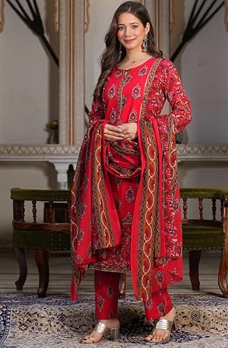 Image of Amayra Women's Pure Cotton Printed Straight Kurta Set with Palazzo pants & dupatta|Ethnic wear|Kurti Suit Set for Women