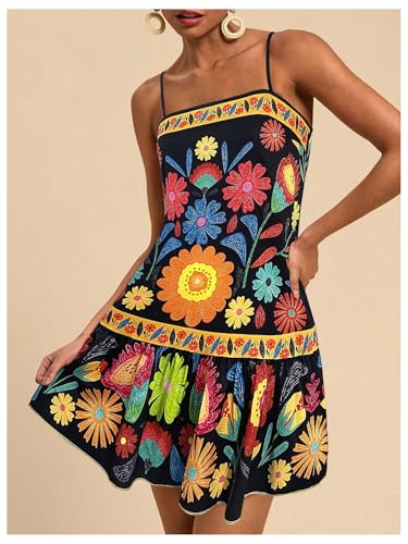 Image of RoseSeek Women's Floral Boho Flowy Mini Cami Dress Ruffle Hem Spaghetti Strap Vacation Tank Dresses