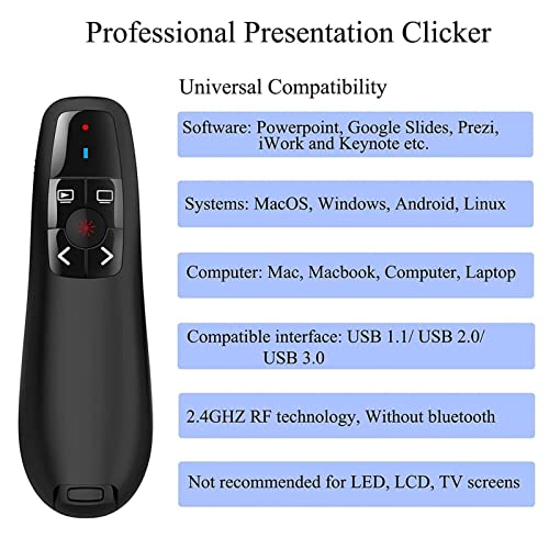 Clicker do Powerpoint - 2.4GHz Wireless PowerPoint Presentation Remote com Red Pointer, Faixa de Con
