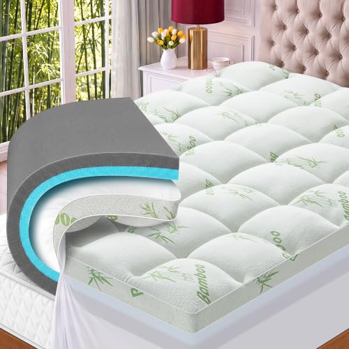 MASVIS 4 Inch Queen Mattress Topper, 2-in-1 Dual Layer Design, 2" Gel Memory Foam and 2" Pillow Top Mattress Pad Cover, Viscose Made from Bamboo, Pressure Relief & Medium Firm Support