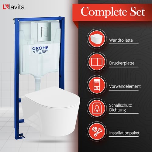 LAVITA Vorwandelement Solido + Wand Hänge WC Loso Weiß Spülrandlos + WC Sitz mit Absenkautomatik Verchromter Knopf Komplettset Unterputz Spülkasten Toilette Komplett Sett WC – Bild 4