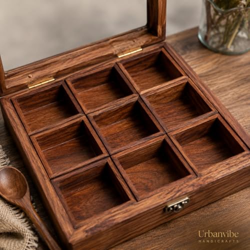 Image of Wooden Masala Box Spice Box with Glass Lid & Spoon, Sheesham Wood Masala Dabba Organizer, 9 Removable Compartments, Indian Spice Container, Kitchen Organizer, 120ml Each, Brown