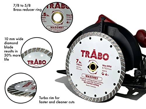Trabo 7 Inch Masonry Turbo Rim Diamond Metal Bond Blade For Cutting Cement, Pavers, Concrete With Rebar, Natural Stone And More, With 7/8" Arbor With 5/8" Reducer Ring #TOP1