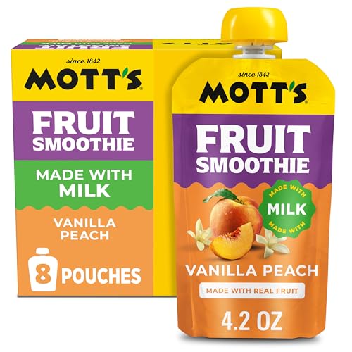 Motts Fruit Smoothies Vanilla Peach 4.2 oz clear pouches 8 Pack Made With Milk Made With Real Fruit Good Source of Calcium On-the-Go