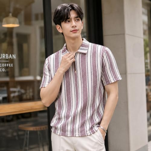 Image of London Hills Men's Loose Fit Half Sleeve Vertical Striped Polo T-Shirt with Zip Collar | Premium Polyester Fabric | T Shirt for Man | Tshirt | Shirts Men | Tshirt for Man | Men T-Shirts