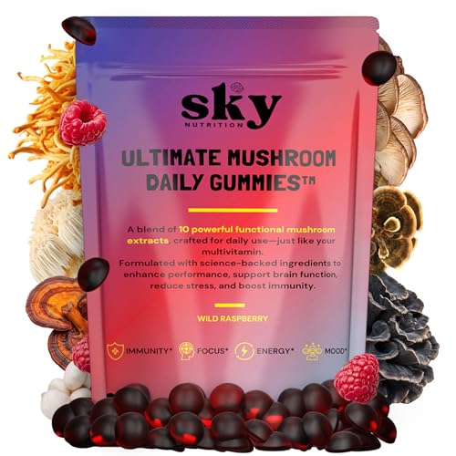 SKY NUTRITION Mushroom Gummies - 10-in-1 Adaptogenic Mushroom Supplement for Adults - Lions Mane Reishi Cordyceps Chaga Turkey Tail - Raspberry Flavored Vegan Gummies for Focus & Energy - 60 Ct.