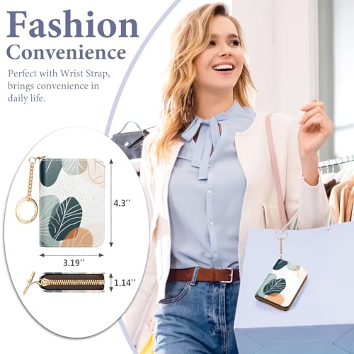 Image of Credit Card Holder RFID Wallet for Women, Small Leather Card Organizer Case with Zipper and Keychain, Boho Leaf