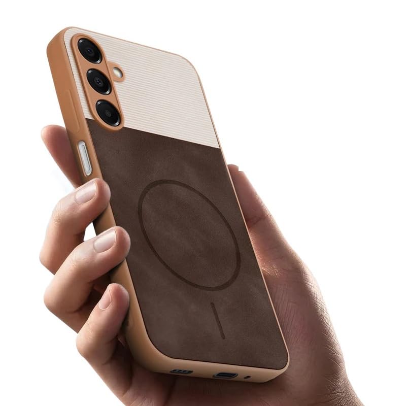 Image of Bintage CASE Mac Safe Design Hard Light Weight Back Case | Soft Border Camera Protect | Dual PU Leather Finish Back Cover Compatible for Samsung Galaxy A16 5G - White & Cherry Brown