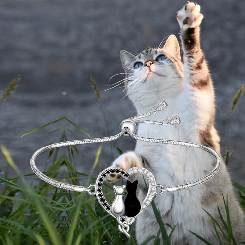 Cat Bracelet for Women Black Cat Bracelets 925 Sterling Silver Halloween Heart Animal Family Cats Lover Gifts4