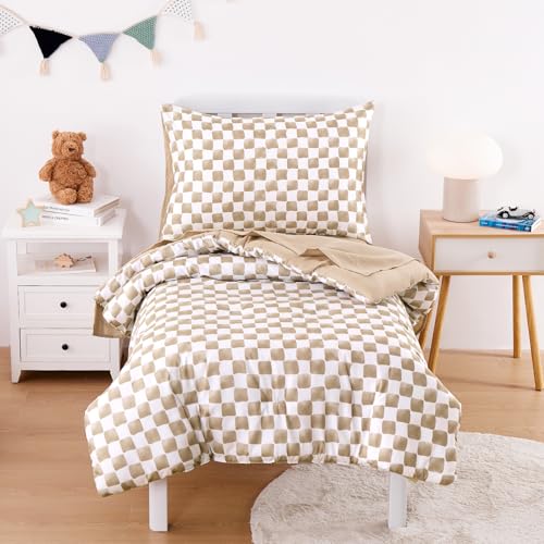 Wake In Cloud - Juego de ropa de cama para niños y niñas, bonito diseño de cuadros a cuadros, juego de cama suave de 4 piezas para cuna que incluye edredón, sábanas y funda de almohada, color marrón y