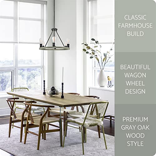 Kira Home Jericho 25" 6-Light Large Industrial Rustic Farmhouse Wagon Wheel Chandelier, Round Kitchen Island Light, Textured Black Accents + Gray Oak Wood Style Finish #TOP3