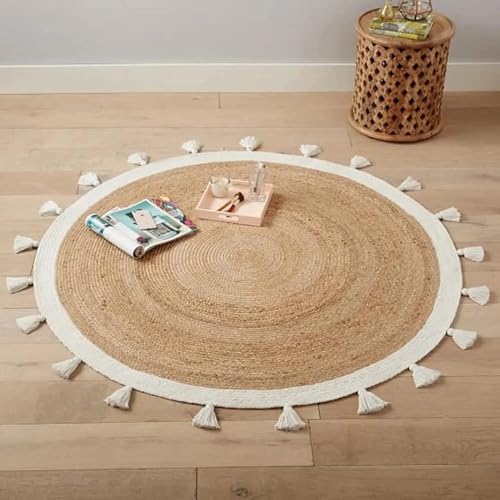 Image of Rounds Jute Carpet - Handwoven Natural Fiber Rug for Living Room, Bedroom, Entryway | Boho Chic Eco-Friendly Area Rug | Rustic Designer Floor Mat:-(Jute White Tassle, 4x4 feet