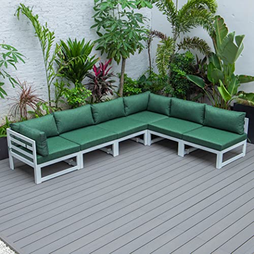 Leisuremod Chelsea Modern Outdoor Patio 6-Piece Conversation Set In Weathered Grey Aluminum With Cushions, Green #TOP2