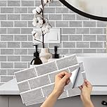 Grey Brick Tile Stickers, BYLife 12pcs Peel and Stick Wallpaper Transfers Sticker for Kitchen Bathroom Self Adhesive Vinyl Splashback Wall Tile for Home Decor 15x30 cm