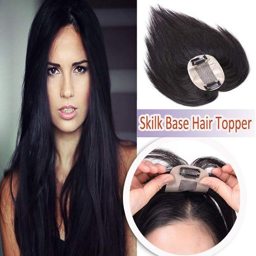 Elailite Silk Base Human Hair Toppers for Women Clip in Hair Top Hairpiece Natural Hair Toupee for Tinning Hair #1B Natural Black