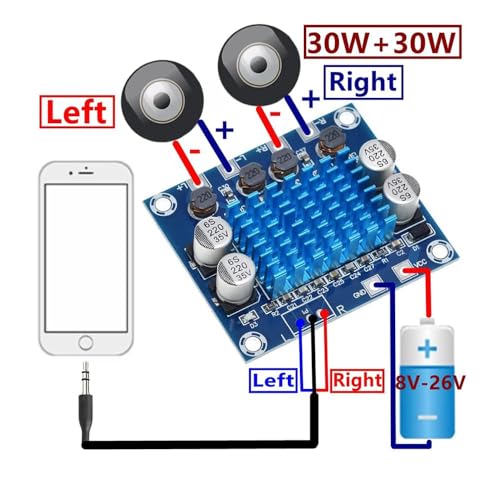 Image of Hexonix TPA3110 Digital Audio Amplifier Board, 30W+30W Dual-Channel Stereo, High-Efficiency Class D, DC 8-26V Compact PCB