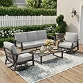 Aluminum Outdoor Patio Furniture Set, 5 Seat Outdoor Patio Furniture, 4 Piece Patio Conversation Set with 3 Seat Sofa, 2 Swivel Rocking Chairs and Coffee Table, Washable Cushions for Porch, Backyard